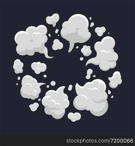 Cartoon dust cloud. Comic dust cloud explosion, steam, smoke cloud explode. Cloud action element isolated vector illustration. Dust smoke and fog, collection of cloudy smog for game. Cartoon dust cloud. Comic dust cloud explosion, steam, smoke cloud explode. Cloud action element isolated vector illustration