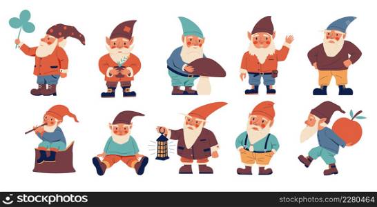 Cartoon dwarves. Cute fairy tale characters with beards and hoods. Fantasy short creatures. Isolated midgets with mushroom and clover leaf. Garden fabulous little elves. Vector magical gnomic men set. Cartoon dwarves. Cute fairy tale characters with beards and hoods. Fantasy short creatures. Midgets with mushroom and clover leaf. Garden fabulous elves. Vector magical gnomic men set
