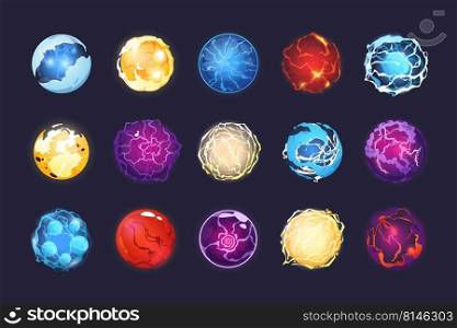 Cartoon e≠rgy spheres. Magic fantasy orb asset for 2D game, witchcraft prophesy globe and crystal sphere with shiny sparks sprite col≤ction. Vector set. Shining sπritual colorful balls. Cartoon e≠rgy spheres. Magic fantasy orb asset for 2D game, witchcraft prophesy globe and crystal sphere with shiny sparks sprite col≤ction. Vector set