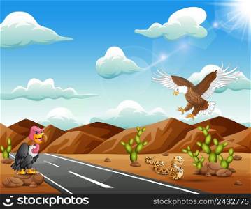 Cartoon eagle bird,vulture and snake living in the desert