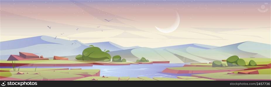 Cartoon early morning nature landscape green field with pond, grass, rocks under pink sky with crescent. Picturesque scenery background, natural dawn tranquil countryside scene, Vector illustration. Cartoon early morning landscape field with pond