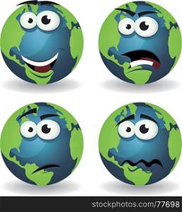 Cartoon Earth Icons Emotions. Illustration of a set of various cartoon funny earth symbol icons characters with various emotions, happy, angry, doubtful and sadness
