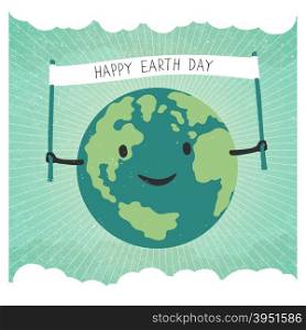 "Cartoon Earth Illustration. Planet smile and hold banner with "Happy Earth Day" words. On sunbeam rays background. Sky with clouds background. Grunge layers easily edited."