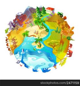 Cartoon Earth planet nature concept with animals mountain volcano farming arctic desert forest savannah landscapes isolated vector illustration. Cartoon Earth Planet Nature Concept