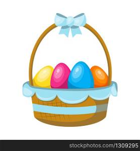 Cartoon easter basket with colored eggs. vector illustration