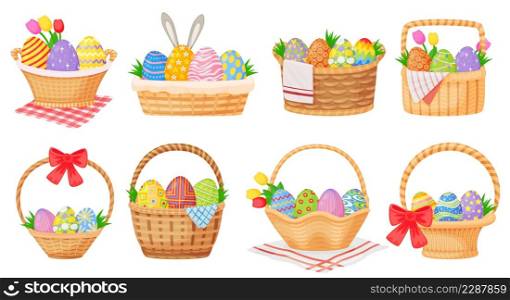 Cartoon easter baskets with painted eggs and spring flowers. Wicker basket full of chocolate egg, springtime holiday gift hampers vector set. Illustration of easter basket for holiday. Cartoon easter baskets with painted eggs and spring flowers. Wicker basket full of chocolate egg, springtime holiday gift hampers vector set