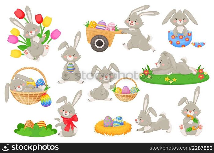 Cartoon easter bunnies with baskets and painted eggs, cute rabbits. Fluffy bunny holding egg, spring holiday rabbit character vector set. Easter bunny cartoon, cute rabbit illustration. Cartoon easter bunnies with baskets and painted eggs, cute rabbits. Fluffy bunny holding egg, spring holiday rabbit character vector set