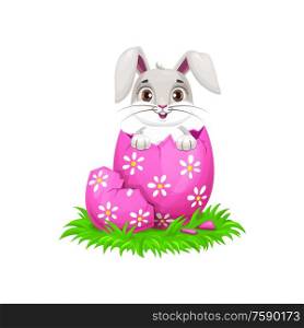 Cartoon Easter bunny and egg holiday egghunting. Cute rabbit or bunny animal hatched from painted egg with cracked pink shell, spring green grass and chamomile flowers. Bunny cartoon animal with Easter holiday egg