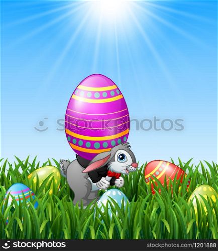 Cartoon easter bunny carrying easter eggs in the grass background.Vector illustration
