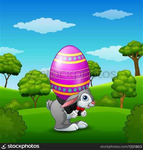 Cartoon easter bunny carrying easter eggs in the park