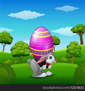 Cartoon easter bunny carrying easter eggs in the park
