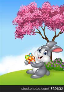 Cartoon easter bunny holding Easter basket full of decorated Easter eggs