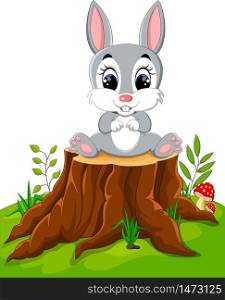 Cartoon Easter Bunny on tree stump