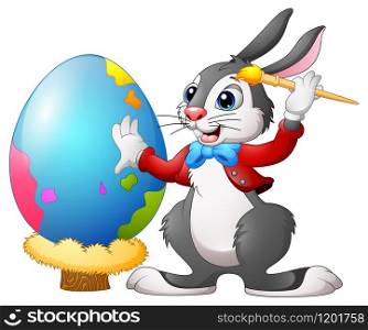 Cartoon easter bunny painting easter egg on a nest