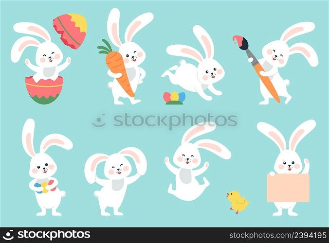 Cartoon easter bunny. Rabbit hiding, bunnies with eggs and flowers. Cute springtime characters, hare painted and chicken. Seasonal holidays decent vector animals. Illustration of easter rabbit. Cartoon easter bunny. Rabbit hiding, bunnies with eggs and flowers. Cute springtime characters, hare painted and chicken. Seasonal holidays decent vector animals
