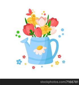 Cartoon Easter Day - blue watering can with leaves and spring flowers, floral bouquet - tulip, narcissus, daffodil, holiday illustration isolated on white, ideal for greeting cards, posters - vector. cartoon easter day set