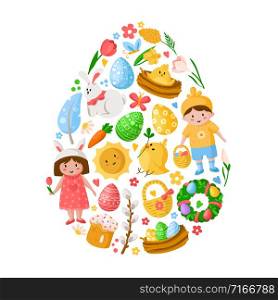 Cartoon Easter Day - boy and girl, easter eggs, spring flowers, rabbit, chicken, willow branch, floral wreath, sun, tulips, cake, egg shape composition for cards, print, your designs - vector. cartoon easter day set