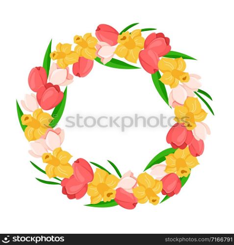 Cartoon Easter Day - floral easter wreath or spring flowers frame with tulip, daffodil, green leaves, floral bouquet isolated on white, ideal for cute greeting postcards, prints, posters - vector. cartoon easter day set