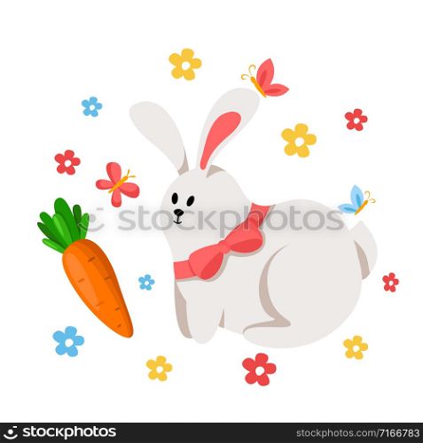 Cartoon Easter Day funny rabbit and carrot, leaves, spring flowers and butterfly, funny cartoon character - kids illustration isolated on white, ideal for greeting postcards, prints, posters - vector. cartoon easter day set