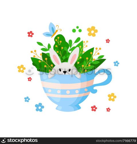 Cartoon Easter Day - funny rabbit in tea cup with leaves and spring flowers, floral bouquet, kids holiday illustration isolated on white, ideal for cute greeting postcards, prints, posters - vector. cartoon easter day set