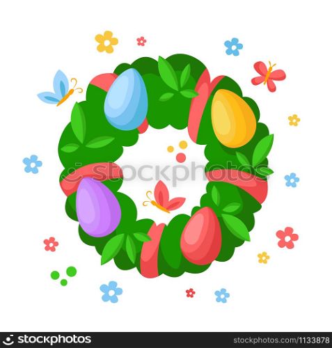 Cartoon Easter Day - green floral wreath with leaves and easter eggs, spring fresh bouquet, kids holiday illustration isolated on white, ideal for cute greeting postcards, prints, posters - vector. cartoon easter day set