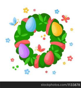 Cartoon Easter Day - green floral wreath with leaves and easter eggs, spring fresh bouquet, kids holiday illustration isolated on white, ideal for cute greeting postcards, prints, posters - vector. cartoon easter day set