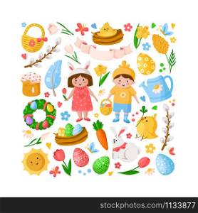 Cartoon Easter Day, kids boy girl in costumes, easter eggs, spring flowers, rabbit, chiken, willow branch, floral wreath, tulips, cake, isolated on white for cards, print, your designs - vector. cartoon easter day set