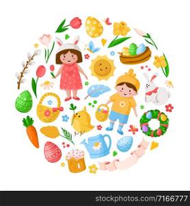 Cartoon Easter Day, kids boy girl in costumes, easter eggs, spring flowers, rabbit, chiken, willow branch, floral wreath, tulips, cake, isolated on white for cards, print, your designs - vector. cartoon easter day set