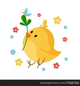 Cartoon Easter Day - little chicken witn green leaf and spring flowers, cute cartoon kids holiday illustration, isolated character on white, ideal for greeting postcards, prints, posters - vector. cartoon easter day set