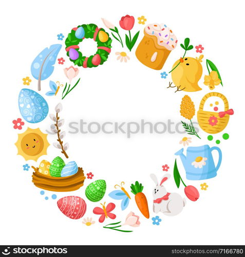 Cartoon Easter Day round frame or circle, easter eggs, spring flowers, rabbit, chiken, willow branch, floral wreath, tulips, cake, isolated on white for cards, print, your designs - vector. cartoon easter day set