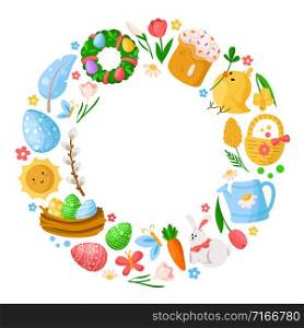 Cartoon Easter Day round frame or circle, easter eggs, spring flowers, rabbit, chiken, willow branch, floral wreath, tulips, cake, isolated on white for cards, print, your designs - vector. cartoon easter day set