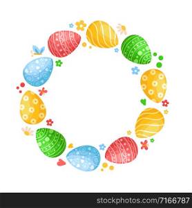 Cartoon Easter Day, round frame or set of decorated colorful easter eggs isolated on white background, pink, green, yellow and blue eggs witn ornament, ideal for postcards, prints, patterns - vector. cartoon easter day set
