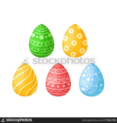 Cartoon Easter Day, set of decorated colorful easter eggs isolated on white background, pink, green, yellow and blue eggs witn ornament, ideal for postcards, prints, posters, patterns - vector. cartoon easter day set