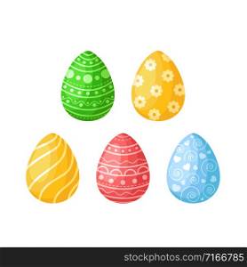 Cartoon Easter Day, set of decorated colorful easter eggs isolated on white background, pink, green, yellow and blue eggs witn ornament, ideal for postcards, prints, posters, patterns - vector. cartoon easter day set