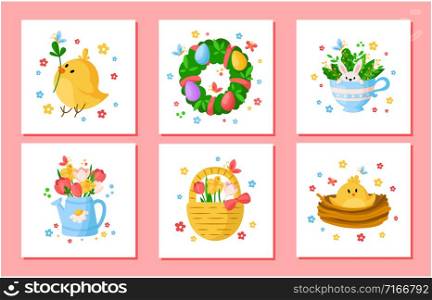 Cartoon Easter Day spring flowers set - tulips, daffodil, narcissus, chiken, willow branch, floral wreath, rabbit, ready vector greeting cards or posters set, holiday decor. cartoon easter day set
