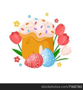 Cartoon Easter Day - sweet easter cake, spring flowers tulip, narcissus, daffodil, eggs, floral holiday bouquet, isolated on white, ideal for cute greeting postcards, prints, posters - vector. cartoon easter day set