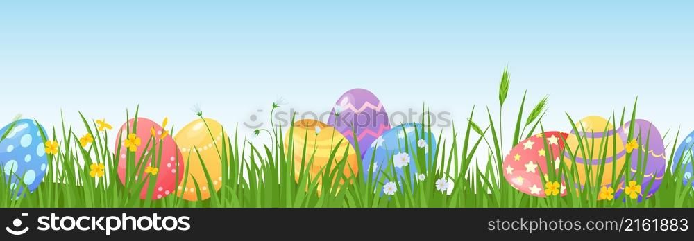 Cartoon easter eggs on meadow green grass seamless border. Spring lawn with painted egg and flowers. Happy easter day hunt vector background. Decorated chocolate eggs for religious game. Cartoon easter eggs on meadow green grass seamless border. Spring lawn with painted egg and flowers. Happy easter day hunt vector background
