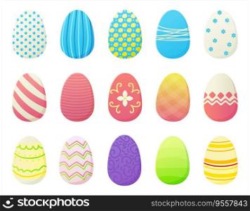 Cartoon Easter eggs set with different colorfur gradien paint,stripes, dots and patterns. Spring holiday concept in flat style. Stock vector illustration isolated on white background. Cartoon Easter eggs set with different colorfur gradien paint,stripes, dots and patterns. Spring holiday concept in flat style. Stock vector illustration isolated on white background.
