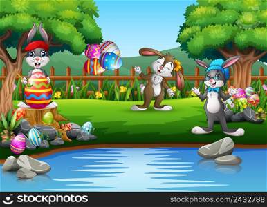 Cartoon easter rabbit playing in the park