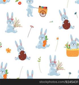 Cartoon easter rabbits seamless pattern. Bunny with flowers and chocolate egg. Childish festive spring texture. Classy vector textile print of pattern easter animal illustration. Cartoon easter rabbits seamless pattern. Bunny with flowers and chocolate egg. Childish festive spring texture. Classy vector textile print
