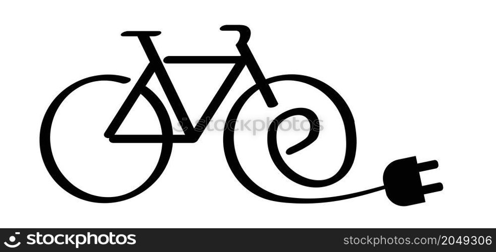 Cartoon eco electric bicycle, cycling, e-bike charge sign. Electric plug, bike, cyclist battery charger pictogram. Flat vector ebike signs. Charging point symbol or logo.