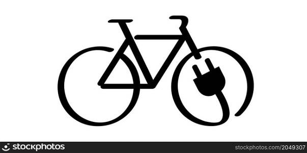 Cartoon eco electric bicycle, cycling, e-bike charge sign. Electric plug, bike, cyclist battery charger pictogram. Flat vector ebike signs. Charging point symbol or logo.