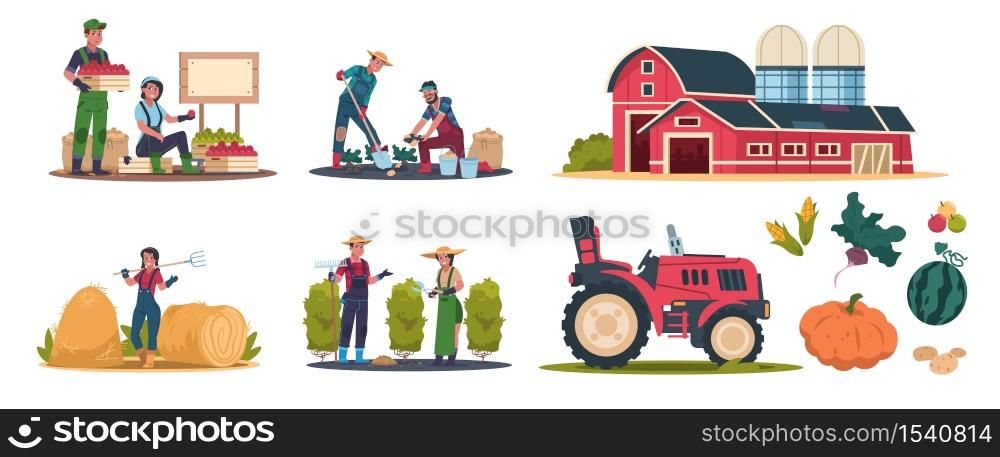 Cartoon eco farming. Agricultural workers doing farming job, cropping and selling organic products. Rural work and organic production vector illustration scenes set. Cartoon eco farming. Agricultural workers doing farming job, cropping and selling organic products. Rural work vector scenes set