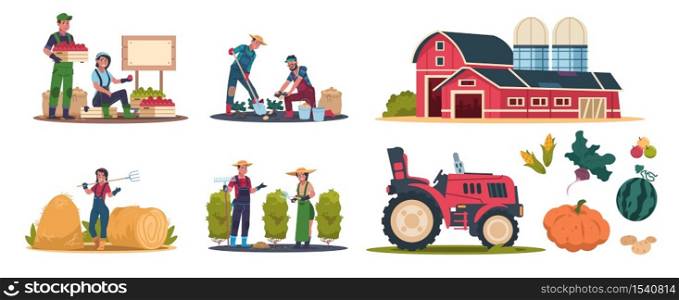 Cartoon eco farming. Agricultural workers doing farming job, cropping and selling organic products. Rural work and organic production vector illustration scenes set. Cartoon eco farming. Agricultural workers doing farming job, cropping and selling organic products. Rural work vector scenes set