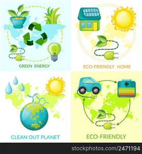 Cartoon ecology concept with environmental energy efficient elements and green natural floral icons vector illustration. Cartoon Ecology Concept