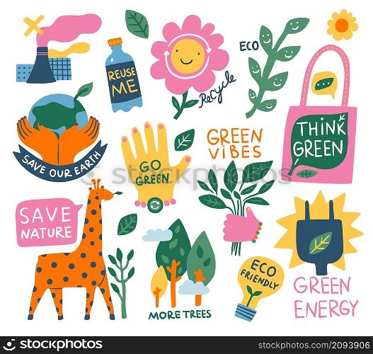 Cartoon ecology emblems. Eco environment elements. Plants and green objects. Natural lifestyle. Hands with Earth and leaves. Save nature. Renewable energy. Waste recycle. Vector isolated stickers set. Cartoon ecology emblems. Eco environment elements. Plants and green objects. Natural lifestyle. Hands with Earth. Save nature. Renewable energy and waste recycle. Vector stickers set