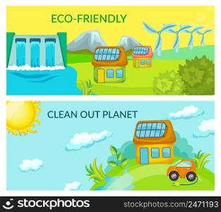 Cartoon ecology horizontal banners with clean nature due to use of alternative energy sources vector illustration. Cartoon Ecology Horizontal Banners