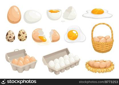 Cartoon eggs in basket, tray, nest and box, chicken and quail eggs, vector. Eggs in hen nest and wicker basket or in carton box, boiled and fried omelette, poultry farm food products. Cartoon eggs in basket, tray box, nest, quail eggs
