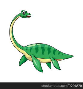 Cartoon elasmosaurus dinosaur character. Isolated vector plesiosaur of late cretaceous period, underwater vertebrate carnivore reptile with green skin and flippers. Long-necked palaeontology animal. Cartoon elasmosaurus dinosaur plesiosaur character