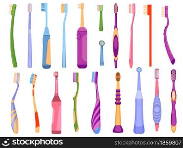 Cartoon electric and manual dental hygiene tools toothbrushes. Products for oral care and teeth health. Mouth cleaning toothbrush vector set. Personal equipment for morning oral routine